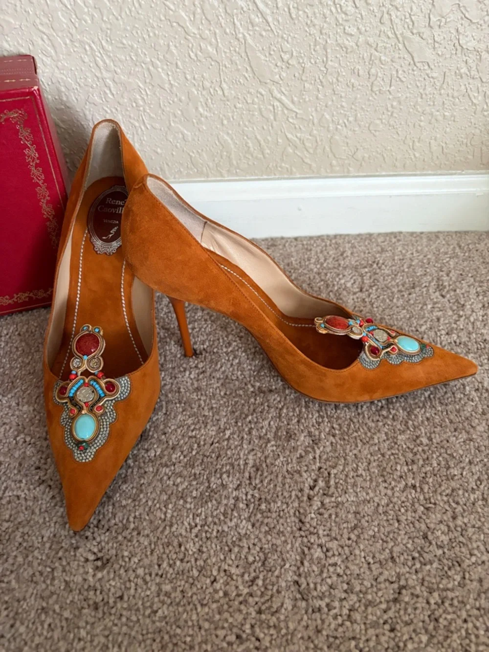 Rene Caovilla Orange Suede Embellished heels NIB size 39 made in Italy - Picture 5 of 7